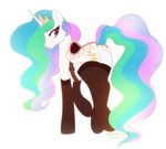  butt cutie_mark equine female feral friendship_is_magic hair horn kohtek legwear mammal multi-colored_hair my_little_pony plain_background princess princess_celestia_(mlp) purple_eyes royalty saddle solo stockings white_background white_body winged_unicorn wings 