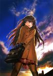  :d ^_^ bad_id bad_pixiv_id bag blush brown_hair closed_eyes cloud coat from_below inuzuka_bouru long_hair mittens open_mouth original pantyhose plaid plaid_skirt pleated_skirt power_lines satchel school_bag school_briefcase skirt sky smile solo 