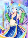  aqua_hair arcade_sona arm_warmers bad_id bad_pixiv_id blue_eyes blush breasts cleavage fingernails gradient_hair highres jewelry league_of_legends medium_breasts midriff multicolored_hair nail_polish necklace open_mouth purple_hair skirt solo sona_buvelle star umi_(ricka) 