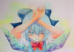  arms_up blue_eyes blue_hair bow cirno hair_bow ice ice_wings one_eye_closed scared solo tears touhou traditional_media watercolor_(medium) wings x_arms yuyu_(00365676) 