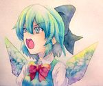  blue_eyes blue_hair bow cirno hair_bow ice ice_wings open_mouth solo touhou traditional_media watercolor_(medium) wings yuyu_(00365676) 