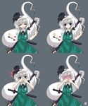  alphes_(style) blue_eyes blush closed_eyes flower full-face_blush grey_background hair_ornament hairband highres hitodama kaoru_(gensou_yuugen-an) konpaku_youmu konpaku_youmu_(ghost) looking_at_viewer open_mouth parody pose puffy_sleeves shirt short_hair short_sleeves simple_background skirt smile style_parody touhou white_hair 