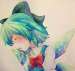  blue_eyes blue_hair bow cirno closed_eyes hair_bow highres ice ice_wings solo touhou traditional_media watercolor_(medium) wings yuyu_(00365676) 