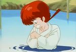  1girl 80s animated animated_gif braid breasts genderswap japanese_clothes large_breasts long_hair looking_down lowres nipples no_bra oldschool open_clothes open_mouth open_shirt pigtail ponytail ranma-chan ranma_1/2 red_hair saotome_ranma shirt solo water 