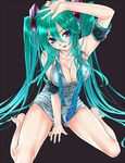  arm_support arm_up armband bad_id bad_pixiv_id black_background breasts covered_nipples green_hair hatsune_miku highres long_hair medium_breasts necktie no_pants panties sasaki_shou sitting solo striped striped_panties twintails underwear very_long_hair vocaloid wariza 
