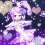  arm_warmers bow choker colored_eyelashes cure_sword curly_hair dokidoki!_precure eyelashes hair_ornament heart heart_hands highres kenzaki_makoto kurokiri light_particles magical_girl ponytail precure purple purple_background purple_choker purple_eyes purple_hair purple_legwear purple_skirt ribbon short_hair skirt smile solo spade_hair_ornament sparkle thighhighs zettai_ryouiki 