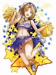 :d belt blonde_hair cheerleader hat jumping komecchi midriff navel open_mouth original outstretched_arms pom_poms purple_eyes shoes short_hair skirt smile sneakers socks solo star 