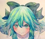 blue_eyes blue_hair bow cirno hair_bow highres ice ice_wings solo touhou traditional_media watercolor_(medium) wings yuyu_(00365676) 