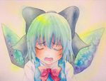  blue_eyes blue_hair bow cirno closed_eyes hair_bow ice ice_wings open_mouth sad solo touhou traditional_media watercolor_(medium) wings yuyu_(00365676) 