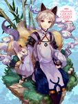  androgynous animal_ears ayakashi_onmyouroku bamboo cloud cowboy_shot fox fox_ears fox_tail grey_eyes grey_hair long_sleeves looking_at_viewer male_focus multiple_tails pipe_fox sitting smile solo standing tabard tail welchino 