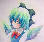  blue_eyes blue_hair bow cirno hair_bow ice ice_wings solo touhou traditional_media watercolor_(medium) wings yuyu_(00365676) 