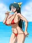  adjusting_clothes adjusting_swimsuit bikini blue_eyes breasts commentary_request curvy eating food green_hair hair_ribbon highres huge_breasts kurojiya long_hair looking_at_viewer navel original ponytail popsicle ribbon sexually_suggestive solo suggestive_fluid sweat swimsuit zanshomimai 