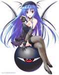 :d bad_id bad_pixiv_id black_legwear blue_hair breasts cleavage crossed_legs demon_wings dress dungeon_&amp;_valkyrie elbow_gloves fishnet_gloves fishnet_legwear fishnets gloves highres lace lace-trimmed_thighhighs medium_breasts mini_wings open_mouth pointing pointing_at_viewer red_eyes sakaki_maki shade_(dungeon_&amp;_valkyrie) sitting smile solo thighhighs white_background wings 