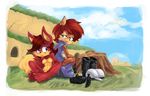  anthro barefoot blue_eyes blush boots breasts canine chipmunk clothing female fiona_fox fox hair hindpaw mammal nude paws red_hair rodent sally_acorn sega sonic_(series) squirrel 