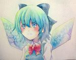  blue_eyes blue_hair bow cirno frown hair_bow ice ice_wings solo touhou traditional_media watercolor_(medium) wings yuyu_(00365676) 