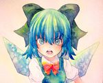  angry blue_eyes blue_hair bow cirno hair_bow ice ice_wings open_mouth solo touhou traditional_media watercolor_(medium) wings yuyu_(00365676) 