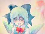  blue_eyes blue_hair bow cirno hair_bow highres ice ice_wings open_mouth smile solo touhou traditional_media watercolor_(medium) wings yuyu_(00365676) 