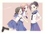  black_hair blue_skirt brown_eyes brown_hair hug hug_from_behind kiyosumi_school_uniform kneehighs multiple_girls ponytail purple_eyes saki school_uniform serafuku shishiba_natsuki short_hair skirt takei_hisa teradaira_ayano tokumi_yuiko 