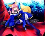  animal_ears bad_id bad_pixiv_id bare_shoulders blue_legwear bow breasts cleavage clog_sandals detached_sleeves fate/extra fate_(series) fox_ears fox_tail hair_bow hair_ribbon japanese_clothes kiyoshi-konoyoru large_breasts obi pink_hair ribbon sash smile solo tail tamamo_(fate)_(all) tamamo_no_mae_(fate) thighhighs twintails yellow_eyes 