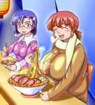  2girls blue_eyes blue_hair blush bowl breasts brown_eyes chopsticks egg fat food glasses highres huge_breasts inamori_nidai multiple_girls noodles original orizen red_hair scarf spoon steam sweatdrop 