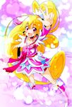  :d aida_mana arm_up blonde_hair boots bow choker cure_heart curly_hair dokidoki!_precure earrings full_body half_updo heart heart_background highres jewelry long_hair magical_girl open_mouth pink_bow pink_eyes pink_sleeves ponytail precure ribbon skirt smile solo sw v 