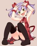  :d armpits arms_up black_legwear black_panties blush boots borrowed_character club_(shape) crab double_v fang green_eyes heterochromia highres kanimusume_(peko) muku_(muku-coffee) open_mouth original panties purple_hair simple_background sitting smile solo thigh_boots thighhighs twintails underwear v yellow_eyes 