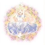 bad_id bad_pixiv_id bandages blonde_hair blush closed_eyes dress jumping kagerou_project kozakura_marry long_hair open_mouth smile solo souzou_forest_(vocaloid) ume_(plumblossom) 