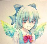  blue_eyes blue_hair bow cirno grin hair_bow highres ice ice_wings smile solo touhou traditional_media watercolor_(medium) wings yuyu_(00365676) 