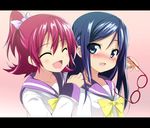  ^_^ aida_mana blue_eyes blue_hair blush bow closed_eyes couple dokidoki!_precure flipped_hair glasses hair_bow half_updo hishikawa_rikka letterboxed long_hair multiple_girls oogai_daiichi_middle_school_uniform open_mouth pink_hair precure purple_sailor_collar red-framed_eyewear sailor_collar school_uniform sen_(astronomy) short_hair yuri 