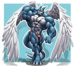  abs anthro biceps blue_scales blue_skin bulge claws clothed clothing digimon exveemon flexing fur grey_skin half-dressed horn male muscles pecs pose red_dyes red_eyes scales solo speedo standing swimsuit toe_claws topless white_skin wings xbuimonsama 