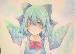  blue_eyes blue_hair bow cirno hair_bow ice ice_wings solo touhou traditional_media watercolor_(medium) wings yuyu_(00365676) 