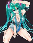  arm_support arm_up armband bad_id bad_pixiv_id barefoot black_background breasts covered_nipples green_hair hatsune_miku highres long_hair medium_breasts necktie no_pants panties revision sasaki_shou sitting solo striped striped_panties twintails underwear very_long_hair vocaloid wariza 
