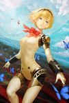  aegis_(persona) android arata_yokoyama blonde_hair blue_eyes bow breasts bug butterfly cloud day flying highres insect medium_breasts persona persona_3 robot_joints short_hair sky solo wind 