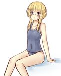  adele_balfetto blonde_hair blue_eyes blush covered_navel glasses kyoukaisenjou_no_horizon long_hair mizuki_miyu one-piece_swimsuit school_swimsuit sitting solo sweatdrop swimsuit 