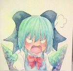  angry blue_hair bow cirno fume hair_bow ice ice_wings open_mouth solo touhou traditional_media watercolor_(medium) wings yuyu_(00365676) 