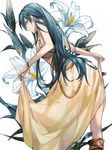  blue_hair boots bracelet dress flower from_behind jewelry komecchi lily_(flower) long_hair looking_back orange_eyes original profile skirt_hold solo very_long_hair 