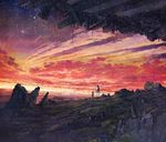  cityscape cloud cola_(gotouryouta) creature holding_hands original robot rock ruins scenery sky skyline star_(sky) sunset 