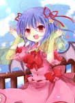  ahoge ascot bad_id bad_pixiv_id bat_wings blouse blue_hair blue_sky blush bow brooch cloud day fang flower hair_ribbon hands_up jewelry looking_at_viewer no_hat no_headwear open_mouth petals puffy_short_sleeves puffy_sleeves railing red_eyes remilia_scarlet ribbon shawl short_hair short_sleeves skirt sky solo touhou uguisu_mochi_(ykss35) wings 