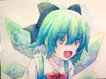  blue_eyes blue_hair bow cirno hair_bow ice ice_wings smile solo touhou traditional_media watercolor_(medium) wings yuyu_(00365676) 