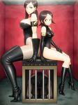  2girls bare_shoulders bondage_mittens boots brown_hair dominatrix enkaboots gloves high_heels leather leotard long_hair multiple_girls original pantyhose sheer_legwear shoes short_hair size_difference thigh_boots thighhighs 