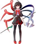  alphes_(style) asymmetrical_wings bad_id bad_pixiv_id black_hair black_legwear dairi dress full_body holding houjuu_nue looking_at_viewer mary_janes parody polearm red_eyes shoe_ribbon shoes short_dress short_hair short_sleeves smile solo standing style_parody thighhighs touhou transparent_background trident weapon wings 