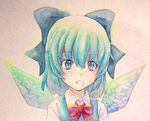  blue_eyes blue_hair bow cirno clenched_teeth hair_bow highres ice ice_wings solo teeth touhou traditional_media watercolor_(medium) wings yuyu_(00365676) 