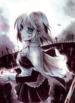  armband blood blue_eyes cape cross gloves graveyard hair_ornament hairclip magical_girl mahou_shoujo_madoka_magica mahou_shoujo_madoka_magica_movie miki_sayaka mizuno_haruhi monochrome short_hair solo spot_color sword weapon 