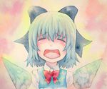  blue_eyes blue_hair bow cirno closed_eyes crying hair_bow highres ice ice_wings open_mouth solo touhou traditional_media watercolor_(medium) wings yuyu_(00365676) 
