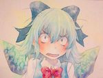  acrylic_paint_(medium) blue_eyes blue_hair bow cirno constricted_pupils fang graphite_(medium) hair_bow ice ice_wings solo touhou traditional_media upper_body watercolor_(medium) wings yuyu_(00365676) 