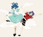  blue_eyes blue_hair chinese_clothes closed_eyes dress flower hair_ornament hair_rings hair_stick hat kaku_seiga mimimimimipom miyako_yoshika multiple_girls ofuda open_mouth outstretched_arms shawl shoes simple_background tiptoes touhou vest zombie_pose 