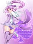  arm_warmers boots bow cure_sword curly_hair dokidoki!_precure gradient gradient_background hair_ornament hairpin kenzaki_makoto looking_back magical_girl miniskirt nakoshe panties ponytail precure purple purple_background purple_eyes purple_footwear purple_hair purple_legwear purple_panties purple_skirt ribbon short_hair skirt smile solo spade_(shape) spade_hair_ornament sparkle standing standing_on_one_leg thigh_boots thighhighs underwear white_background 