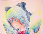  blue_eyes blue_hair bow cirno hair_bow ice ice_wings smirk solo touhou traditional_media watercolor_(medium) wings yuyu_(00365676) 