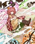 apron bad_id bad_pixiv_id bell book boots checkered clothes_writing cross-laced_footwear hair_bell hair_ornament holding itomugi-kun lace-up_boots long_sleeves motoori_kosuzu open_mouth phonograph pink_hair red_eyes skirt solo touhou two_side_up wide_sleeves 