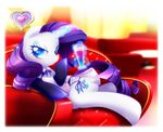  blue_eyes blush chinpui cutie_mark drink equine eyeshadow female feral friendship_is_magic fur glowing hair horn looking_at_viewer magic makeup mammal my_little_pony purple_hair rarity_(mlp) sofa solo suggestive unicorn white_body white_fur 